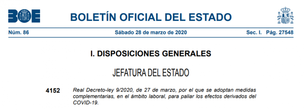 RD sobre prórroga de Estado de alarma y medidas laborales complementarias 27 marzo 2020