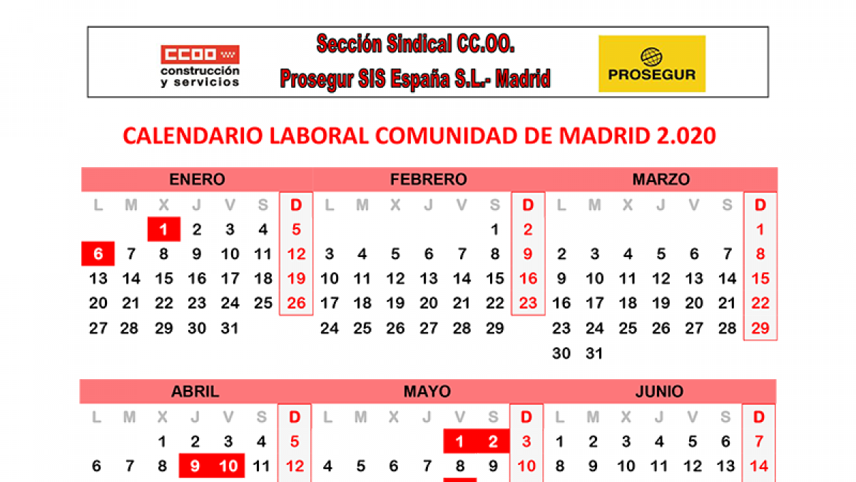 Calendario laboral de Prosegur Madrid 2020