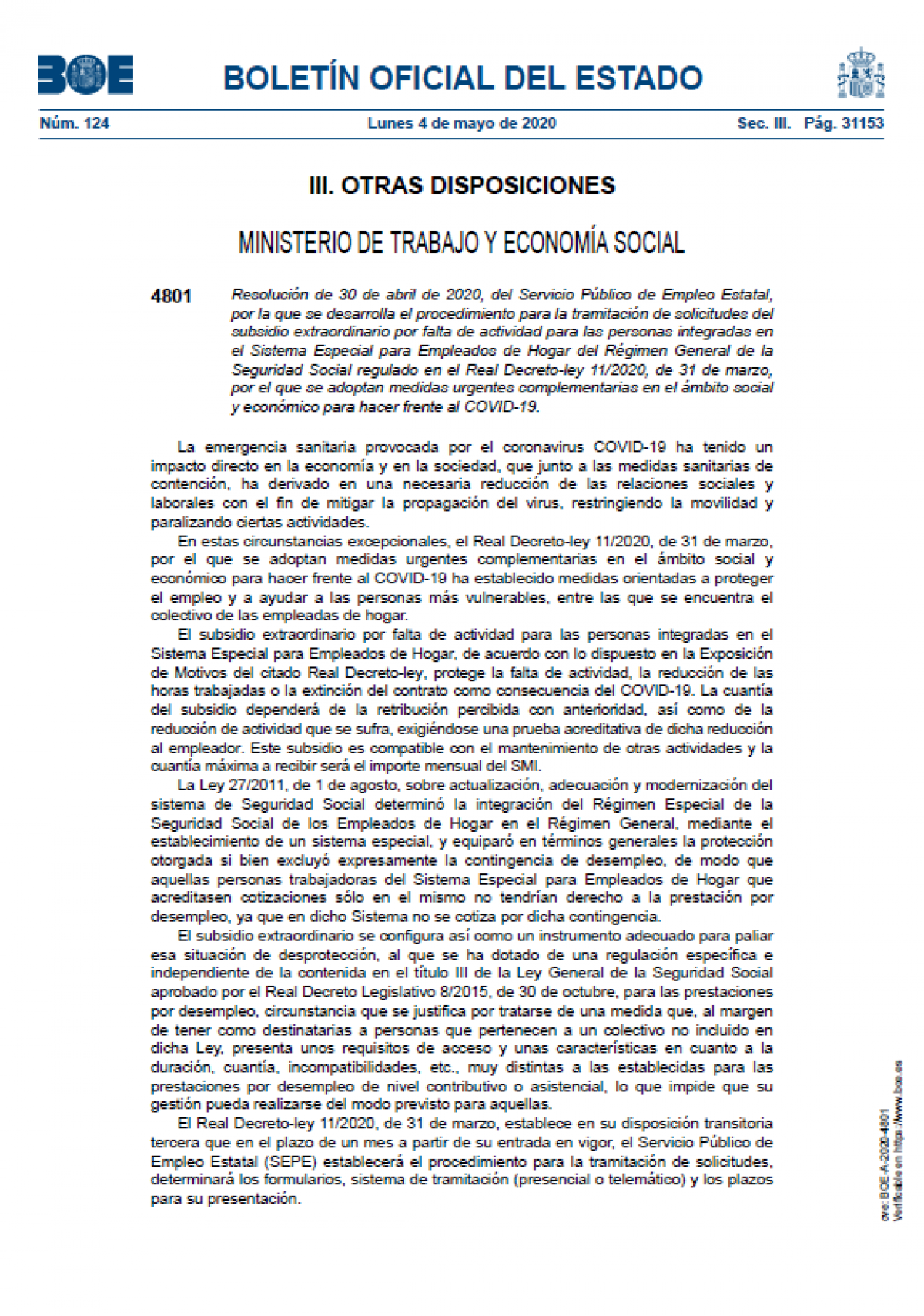 Resolución que regula el procedimiento de subsidio extraordinario para Empleados del Hogar del Régimen Especial (30-4-2020)