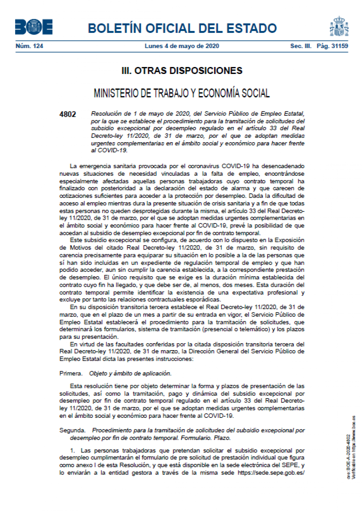 Resolución por la que se establece la tramitación de solicitudes para el subsidio excepcional por desempleo (1-5-2020)