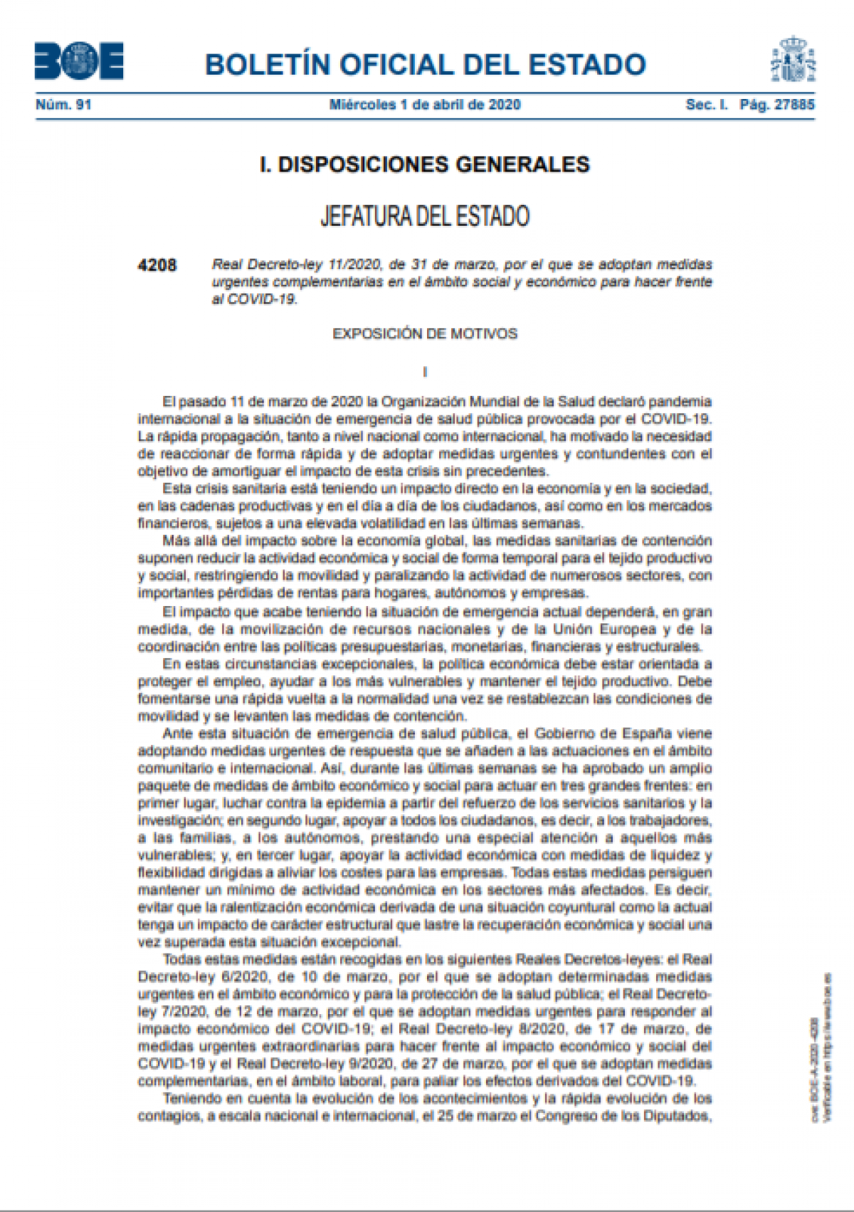RD 11/2020 del 31 de marzo por el que se adoptan medidas urgentes complementarias en el ámbito social y económico para hacer frente al COVID-19