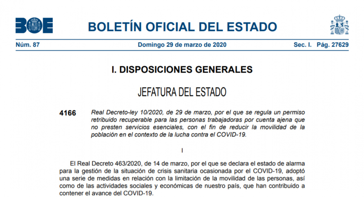 Real Decreto que regula permiso retribuido para reducir la movilidad y combatir el Coronavirus (29 de marzo 2020)