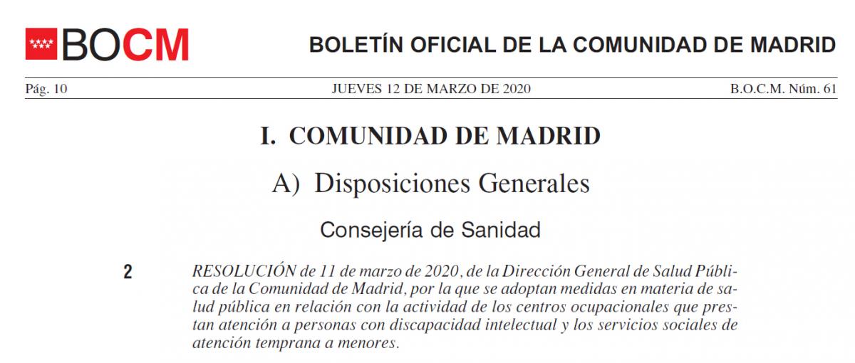 Resolución en relación con la actividad de los centros ocupacionales que prestan atención a personas con discapacidad intelectual y los servicios sociales de atención temprana a menores